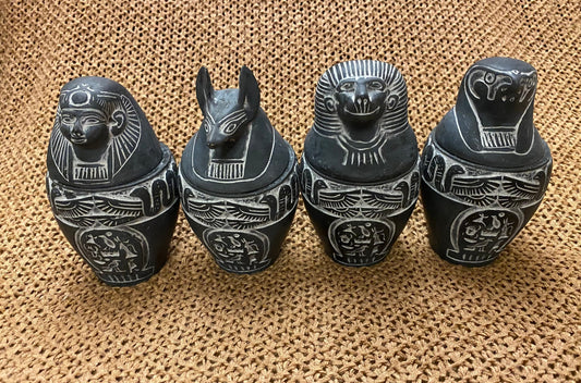 Unique Complete set of Ancient Egyptian Canopic jars (Hapi-Duamutef-Imsety-Qebehsenuef)  with hieroglyphics And Cobras  Handcrafted In Egypt