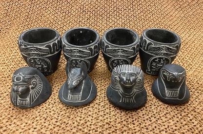 Unique Complete set of Ancient Egyptian Canopic jars (Hapi-Duamutef-Imsety-Qebehsenuef)  with hieroglyphics And Cobras  Handcrafted In Egypt