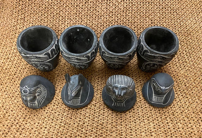 Unique Complete set of Ancient Egyptian Canopic jars (Hapi-Duamutef-Imsety-Qebehsenuef)  with hieroglyphics And Cobras  Handcrafted In Egypt