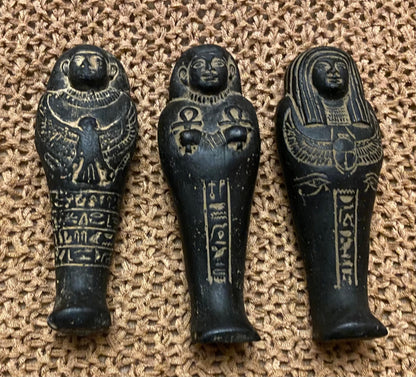 Unique Rare Group Of 3 Aswan Clay Pottery Ancient Egyptian Ushabti Statues Handcrafted In Egypt