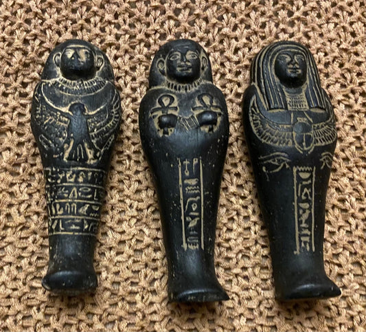 Unique Rare Group Of 3 Aswan Clay Pottery Ancient Egyptian Ushabti Statues Handcrafted In Egypt