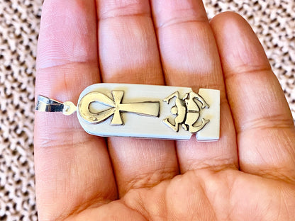 Unique Sterling silver & Camel bone Ankh and Scarab Sterling Silver  Charm Cartouche Egyptian Jewelry Key Of Life and Scarab Pendant
