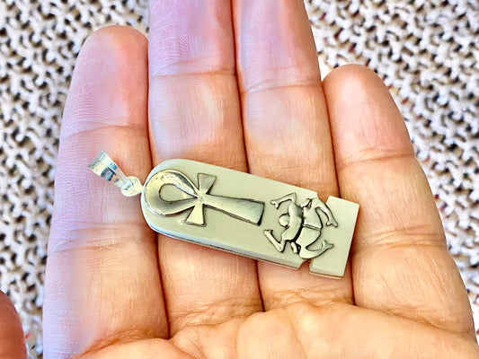 Unique Sterling silver & Camel bone Ankh and Scarab Sterling Silver  Charm Cartouche Egyptian Jewelry Key Of Life and Scarab Pendant