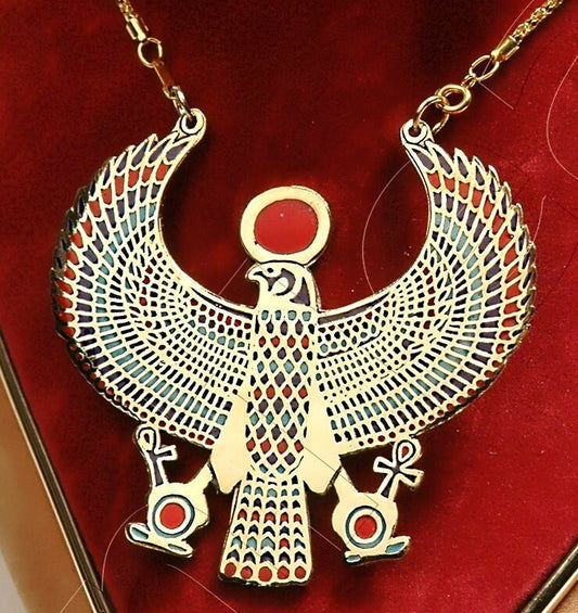 XL Egyptian Brass Enameled Falcon As Horus Necklace Pendant - Horus Charm - Horus Jewelry - Falcon Jewelry
