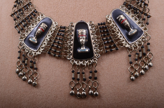 Antique Egyptian Hand Made Colored QUEEN NEFERTITI  Necklace And Matching Earrings Nefertiti Jewelry Queen nefertiti Set Nefertiti Necklace