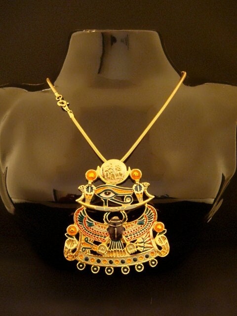 Large Egyptian 24k Gold Plated Enameled Winged Scarab And Eye Of Horus Necklace Eye Of Horus Necklace Winged scarab Necklace Scarab Necklace