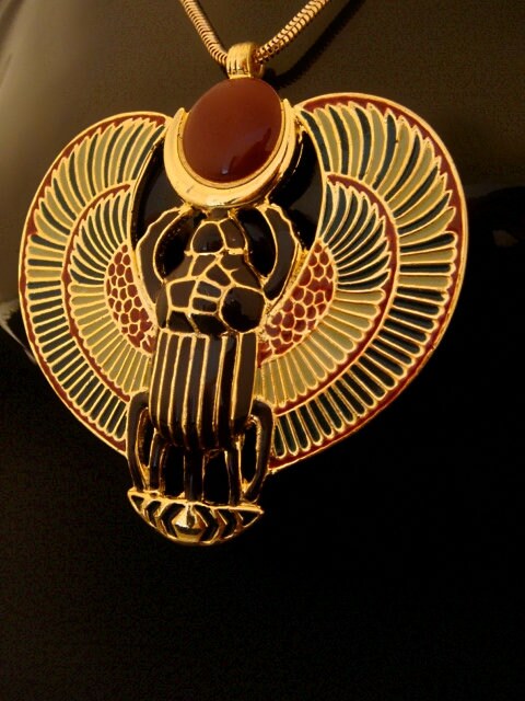 Amazing Egyptian Large Enameled 24K Gold Plated  Winged Scarab Necklace Scarab Jewelry 24K gold Plated Scarab Pendant Khepri Necklace