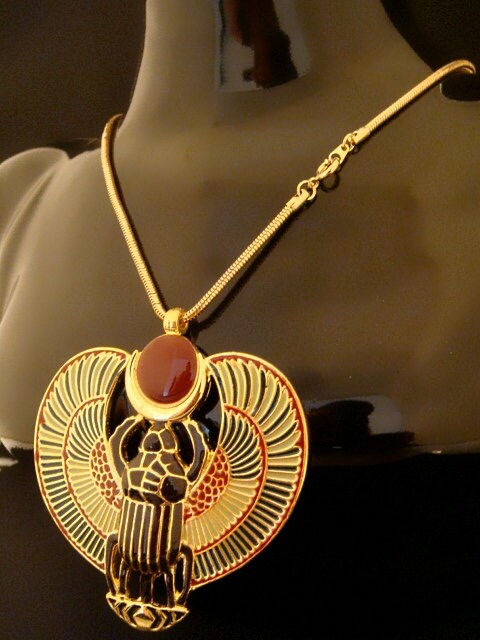 Amazing Egyptian Large Enameled 24K Gold Plated  Winged Scarab Necklace Scarab Jewelry 24K gold Plated Scarab Pendant Khepri Necklace