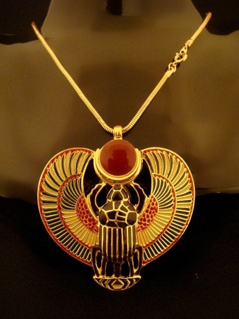 Amazing Egyptian Large Enameled 24K Gold Plated  Winged Scarab Necklace Scarab Jewelry 24K gold Plated Scarab Pendant Khepri Necklace