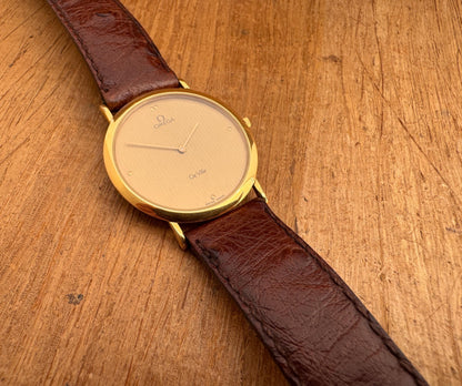 Vintage 90's Omega De Ville Ref 195.0055 Striped Dial Cal 1378 Thin Gold Plated Watch