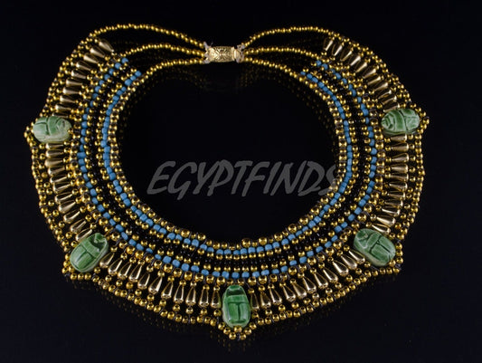 Egyptian Beaded 5 Scarabs Cleopatra Scarab Necklace Collar