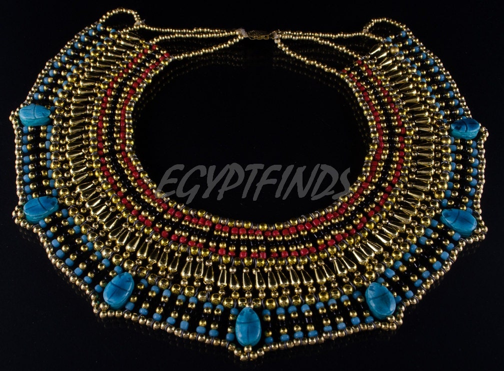Egyptian Hand Made Beaded Cleopatra 7 Scarabs Necklace Collar  scarab Collar Egyptian Jewelry beaded Collar Khepri Necklace Khepri