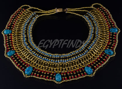 Beautiful Egyptian Beaded Cleopatra 7 Scarabs Necklace Collar