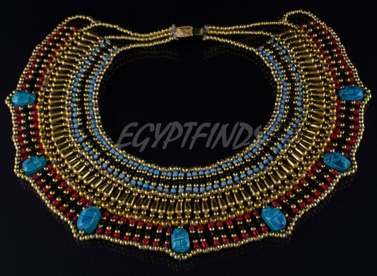 Beautiful Egyptian Beaded Cleopatra 7 Scarabs Necklace Collar