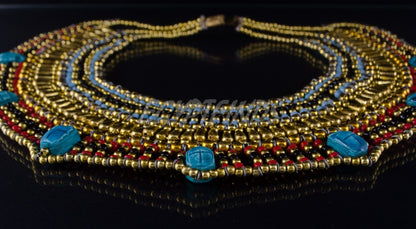 Beautiful Egyptian Beaded Cleopatra 7 Scarabs Necklace Collar