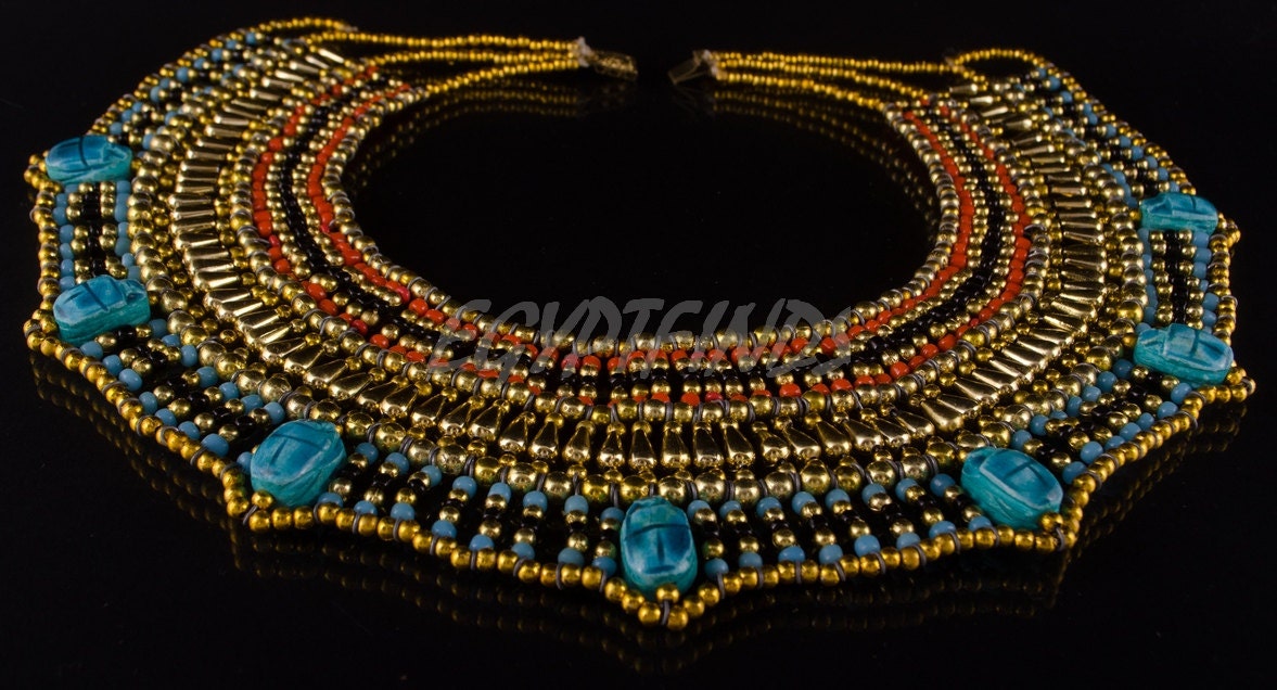Gorgeous Egyptian Beaded Cleopatra 7 Scarabs Necklace Collar