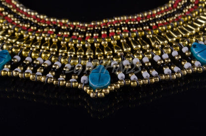 Delightful Egyptian Beaded Cleopatra 7 Scarabs Necklace Collar