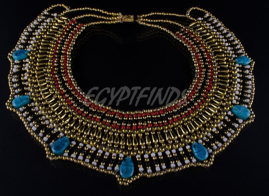 Delightful Egyptian Beaded Cleopatra 7 Scarabs Necklace Collar
