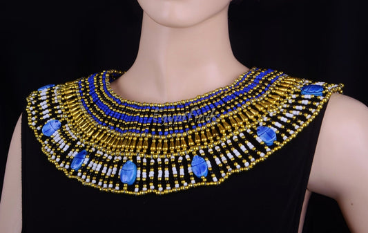 Charming Egyptian Beaded Cleopatra 9 Scarabs Necklace Collar