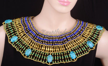 Lovely Egyptian Beaded Cleopatra 9 Scarabs Necklace Collar