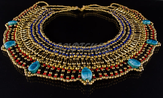 Egyptian Beaded Cleopatra 9 Scarabs Necklace Collar