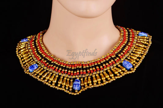 Pretty Egyptian Hand Made Red Cleopatra 5 Scarabs Necklace scarab Collar Egyptian Jewelry beaded Collar Khepri Necklace Khepri