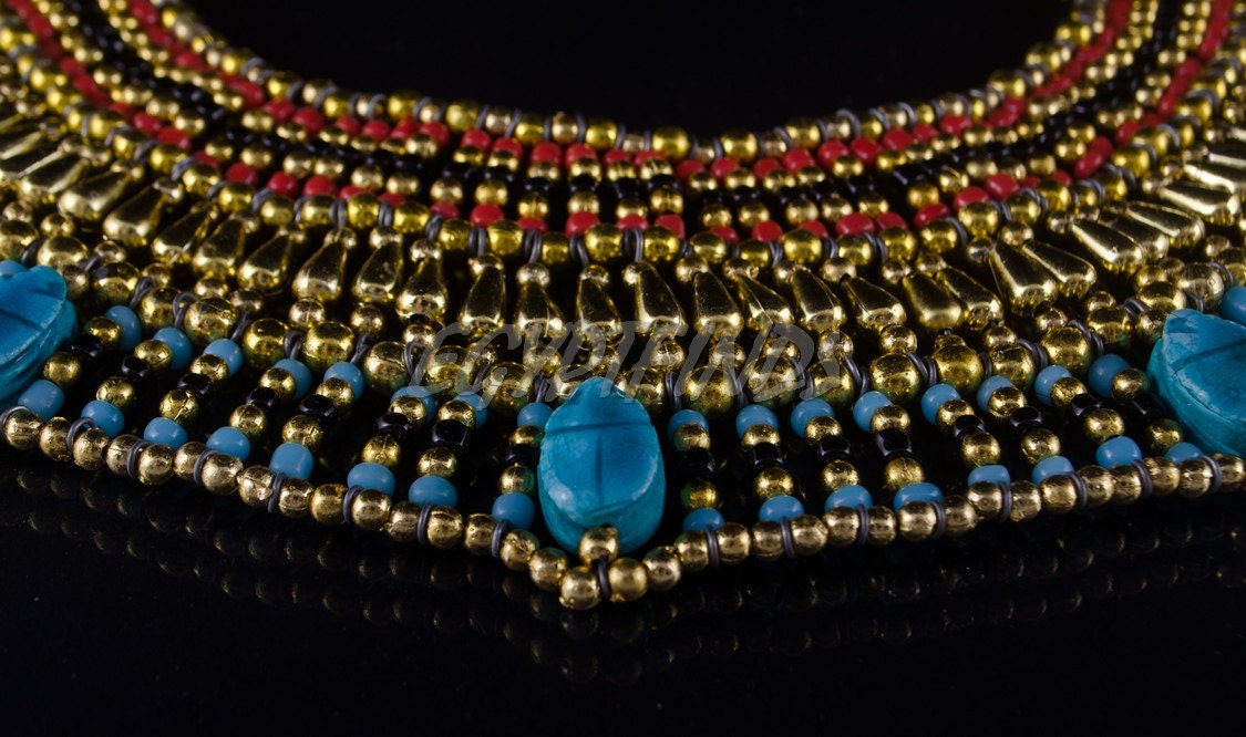 Egyptian Hand Made Beaded Cleopatra 7 Scarabs Necklace Collar  scarab Collar Egyptian Jewelry beaded Collar Khepri Necklace Khepri