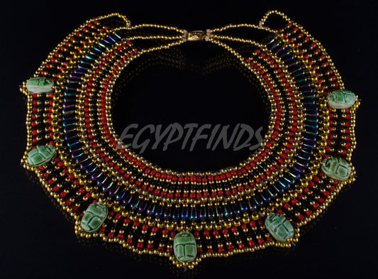 DazzlingEgyptian Beaded Cleopatra 7 Scarabs Necklace Collar