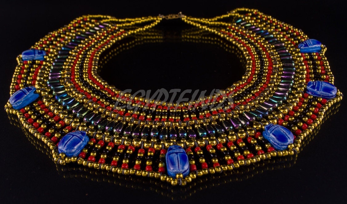 Charming Egyptian Beaded Cleopatra 7 Scarabs Necklace Collar