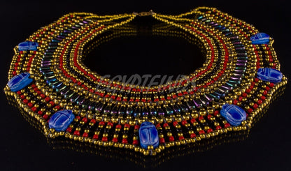 Charming Egyptian Beaded Cleopatra 7 Scarabs Necklace Collar