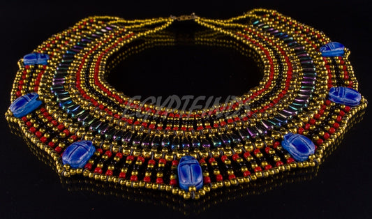 Charming Egyptian Beaded Cleopatra 7 Scarabs Necklace Collar