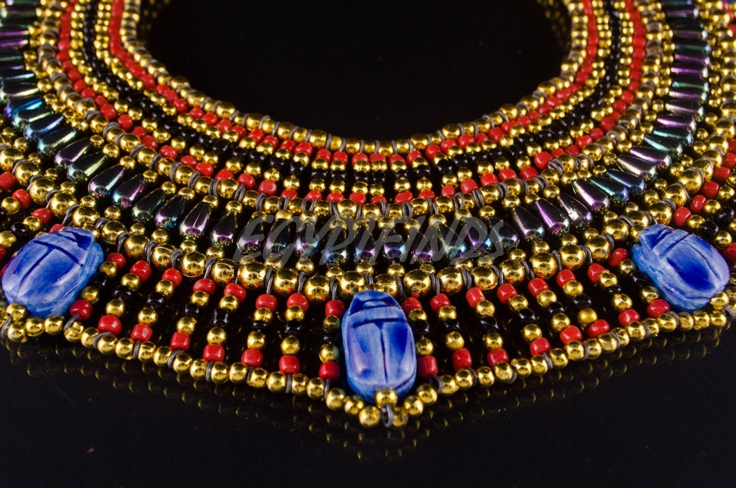 Charming Egyptian Beaded Cleopatra 7 Scarabs Necklace Collar