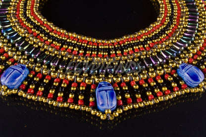 Charming Egyptian Beaded Cleopatra 7 Scarabs Necklace Collar