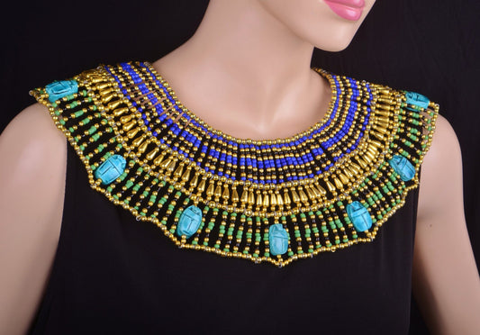Lovely Egyptian Beaded Cleopatra 9 Scarabs Necklace Collar