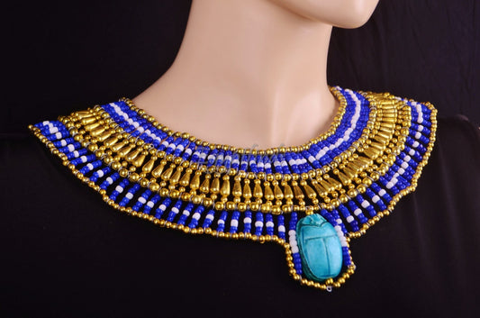 Alluring Egyptian Beaded Cleopatra Large Scarabs Necklace Collar