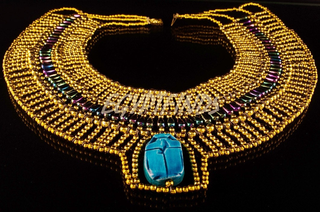 Amazing Egyptian Beaded Large Scarab Necklace Collar