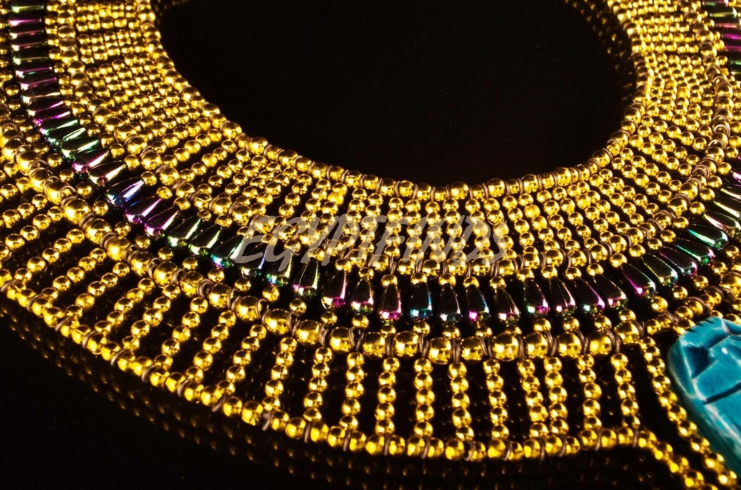 Amazing Egyptian Beaded Large Scarab Necklace Collar