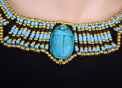 Egyptian Beaded Cleopatra Large Scarab Necklace Collar