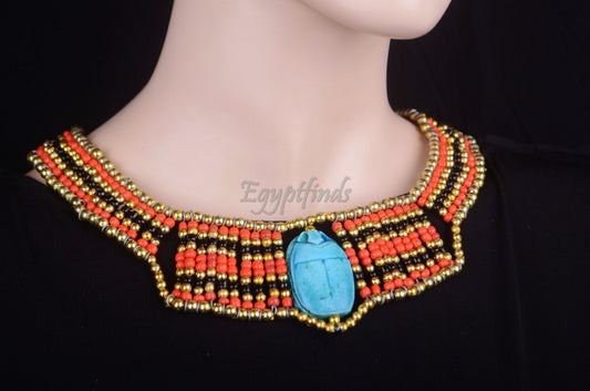 Egyptian Beaded Cleopatra Large Scarab Necklace Collar Halloween