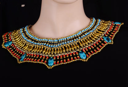 Pretty Egyptian Beaded Cleopatra 7 Scarabs Necklace Collar