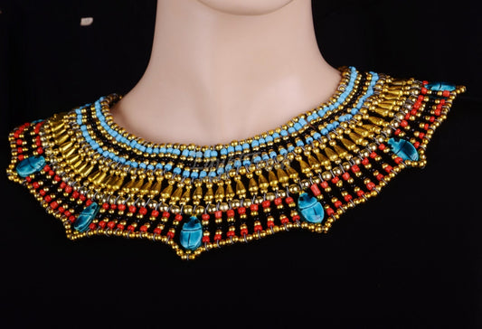 Pretty Egyptian Beaded Cleopatra 7 Scarabs Necklace Collar
