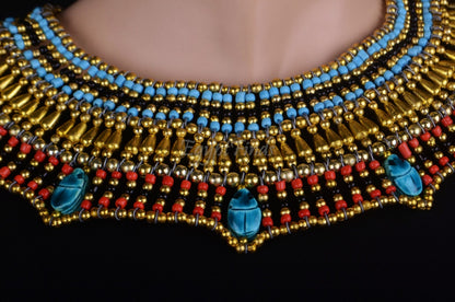 Pretty Egyptian Beaded Cleopatra 7 Scarabs Necklace Collar