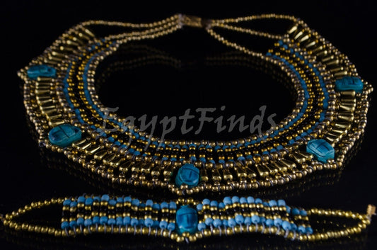 Beautiful Egyptian Beaded 5 Scarabs Cleopatra Scarab Necklace Collar & Bracelet