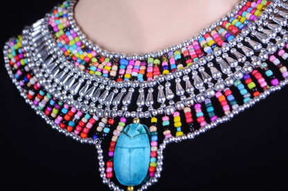 Chiny Egyptian Silver Beaded Cleopatra Large Scarabs Necklace Collar