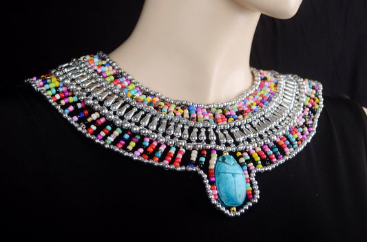 Chiny Egyptian Silver Beaded Cleopatra Large Scarabs Necklace Collar