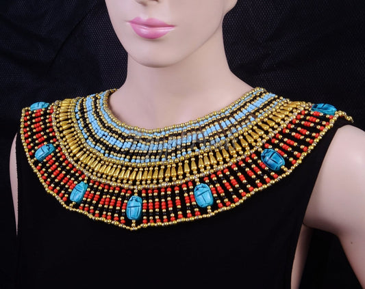 Lovely Ancient Egyptian Beaded Cleopatra 9 Scarabs Necklace Collar