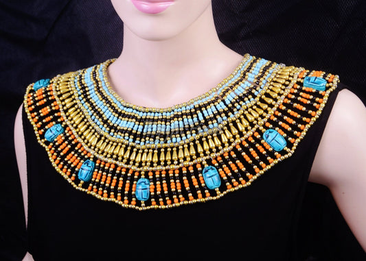 Fascinating Ancient Egyptian Beaded Cleopatra 9 Scarabs Necklace Collar