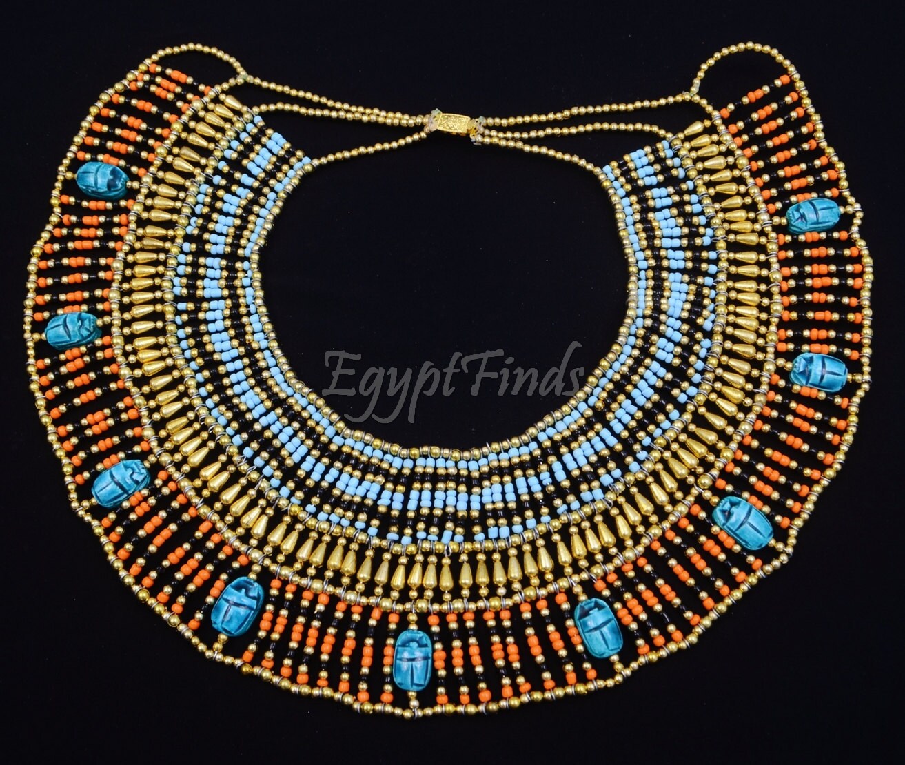 Fascinating Ancient Egyptian Beaded Cleopatra 9 Scarabs Necklace Collar
