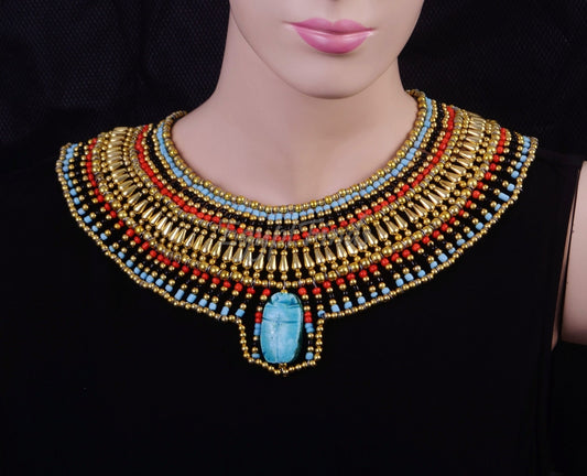 Cute Ancient Egyptian Beaded Cleopatra Large Scarab Necklace Collar