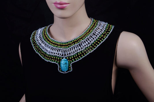 Attractive Ancient Egyptian Beaded Cleopatra Large Scarab Necklace Collar